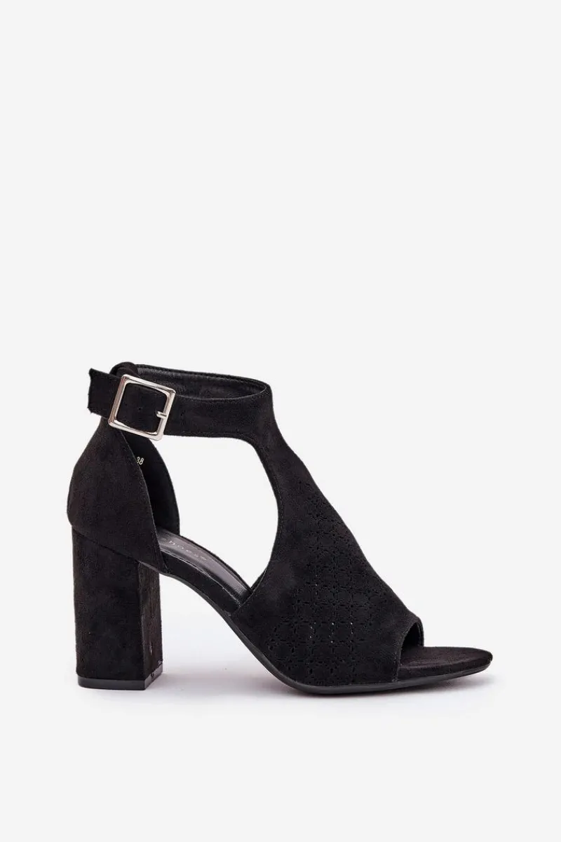 Sandały Na Słupku|Sandały Na Obcasie>Boto Sandały Z Ażurowym Wzorem Na Słupku Eko Zamszowe Czarne Helori Czarny
