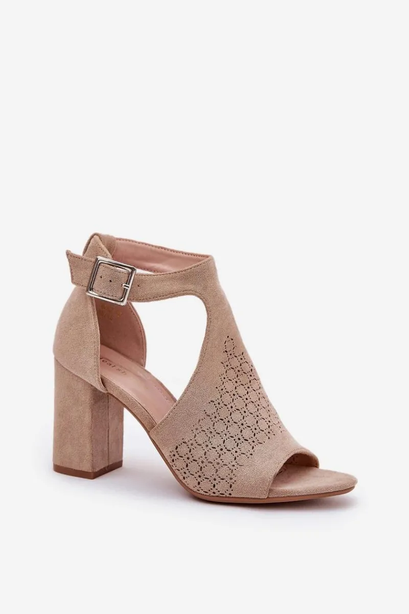 Sandały Na Słupku|Sandały Na Obcasie>Boto Sandały Z Ażurowym Wzorem Na Słupku Eko Zamszowe Beżowe Helori