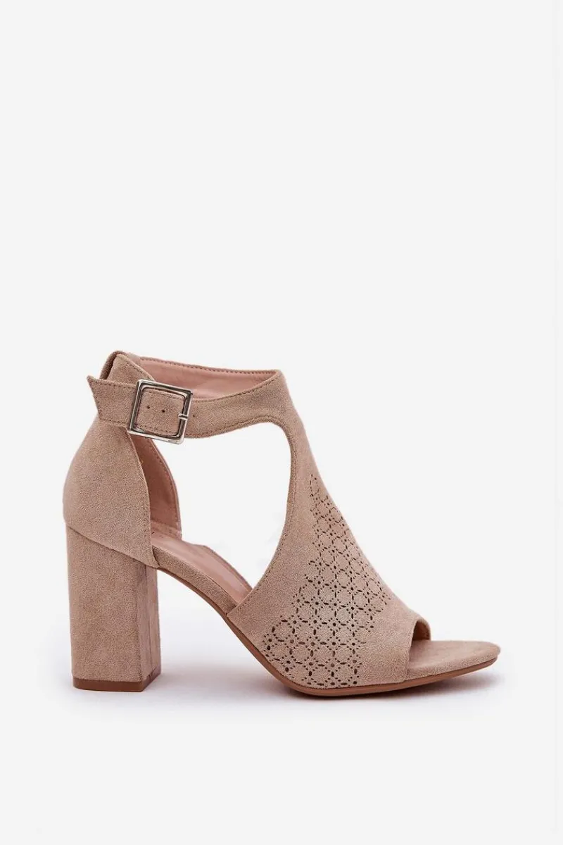 Sandały Na Słupku|Sandały Na Obcasie>Boto Sandały Z Ażurowym Wzorem Na Słupku Eko Zamszowe Beżowe Helori