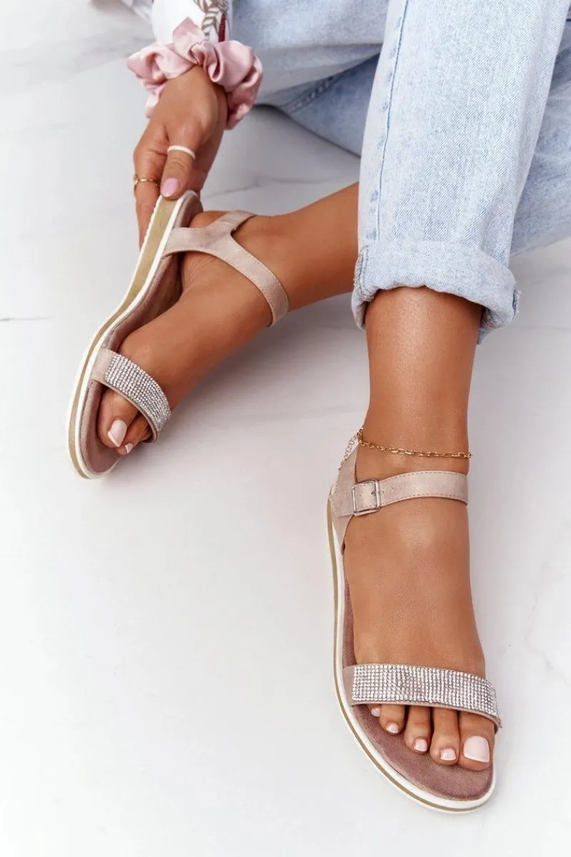 Best Sandały Z Cyrkoniami S.Barski 701-18 Beżowe Damskie Sandały Płaskie