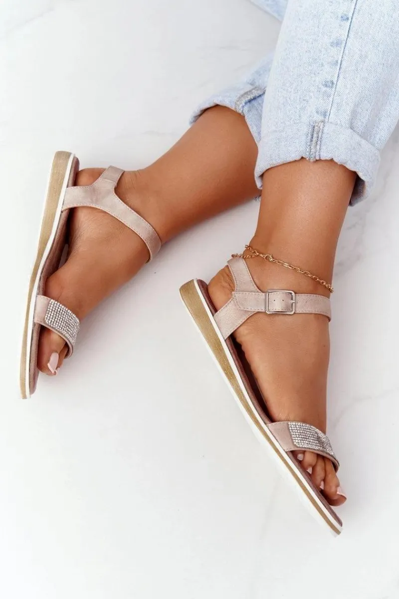 Best Sandały Z Cyrkoniami S.Barski 701-18 Beżowe Damskie Sandały Płaskie