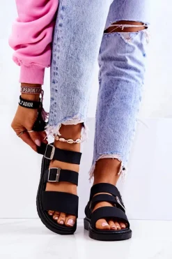 Sandały Z Klamrą Czarne Reese Damskie Sandały Gumowe|Sandały Płaskie