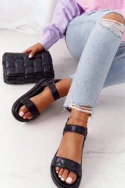 Hot Sandały Z Pikowaniem Na Platformie Czarne Turn Around Damskie Sandały Gumowe|Sandały Płaskie