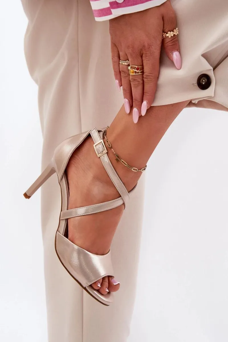 Sandały Na Obcasie>Buty Sergio Leone Sandały Z Przeplatającymi Się Paskami Na Szpilce Sergio Leone SK432 Złote Satynowe