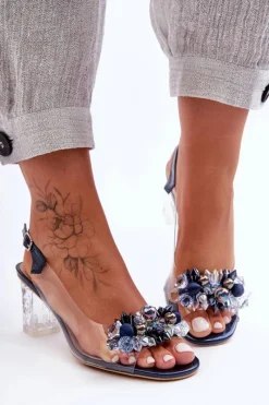 Sandały Zdobione Na Obcasie Granatowe S.Barski MR1037-16 Damskie Sandały Na Obcasie