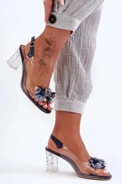 Sandały Zdobione Na Obcasie Granatowe S.Barski MR1037-16 Damskie Sandały Na Obcasie