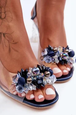 Sandały Zdobione Na Obcasie Granatowe S.Barski MR1037-16 Damskie Sandały Na Obcasie