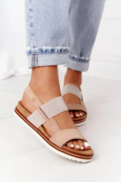 Best Sandały Ze Srebrnym Ściągaczem Beżowe Almeria Damskie Sandały Płaskie
