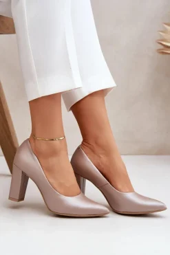Best Satynowe Czółenka Lewski Shoes 2453 Beżowe Damskie Czółenka Na Słupku