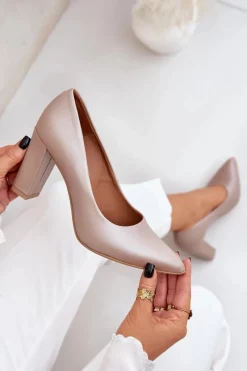 Best Satynowe Czółenka Lewski Shoes 2453 Beżowe Damskie Czółenka Na Słupku