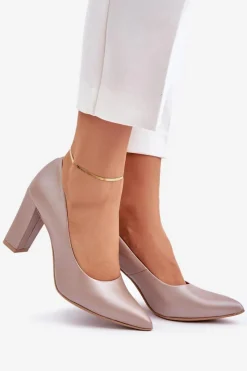 Best Satynowe Czółenka Lewski Shoes 2453 Beżowe Damskie Czółenka Na Słupku