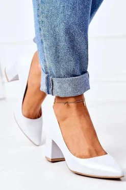 Clearance Satynowe Czółenka Lewski Shoes 2801 Srebrne Damskie Czółenka Na Słupku