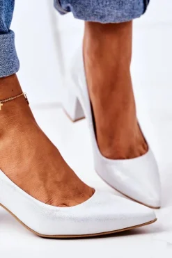 Clearance Satynowe Czółenka Lewski Shoes 2801 Srebrne Damskie Czółenka Na Słupku