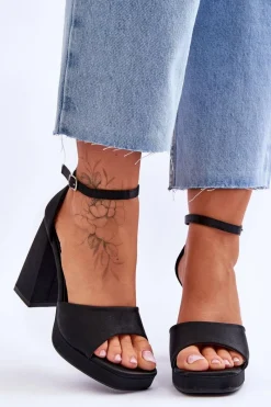 Sandały Na Obcasie>Boto Satynowe Sandałki Na Masywnym Obcasie Czarne Eternity