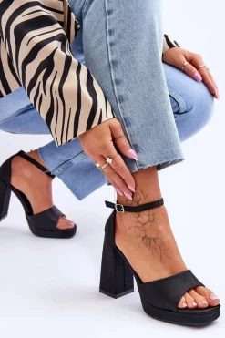 Sandały Na Obcasie>Boto Satynowe Sandałki Na Masywnym Obcasie Czarne Eternity