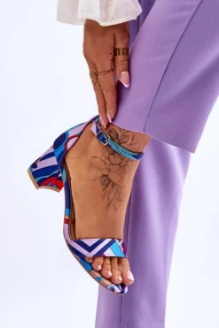 Sandały Na Obcasie>Boto Satynowe Sandały Na Niskim Obcasie We Wzory Fioletowo-Niebieskie Quincy