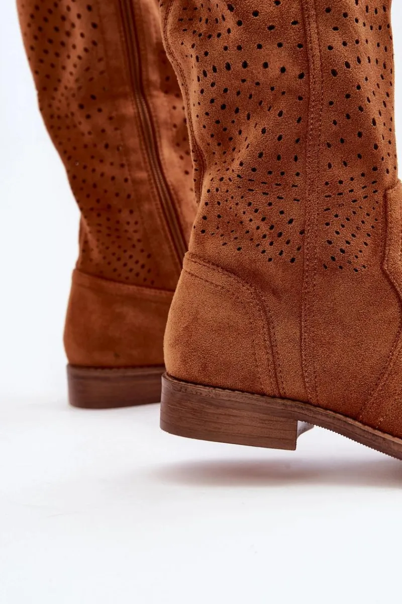 Online S.Barski HY66-150 Ażurowe Kozaki Na Płaskim Obcasie Camel Damskie Kozaki Wiosenne|Kozaki Ażurowe