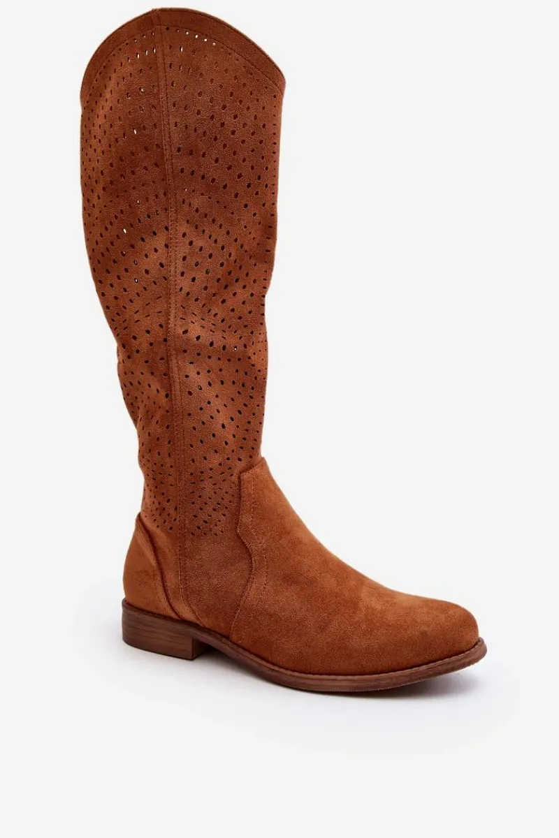 Online S.Barski HY66-150 Ażurowe Kozaki Na Płaskim Obcasie Camel Damskie Kozaki Wiosenne|Kozaki Ażurowe