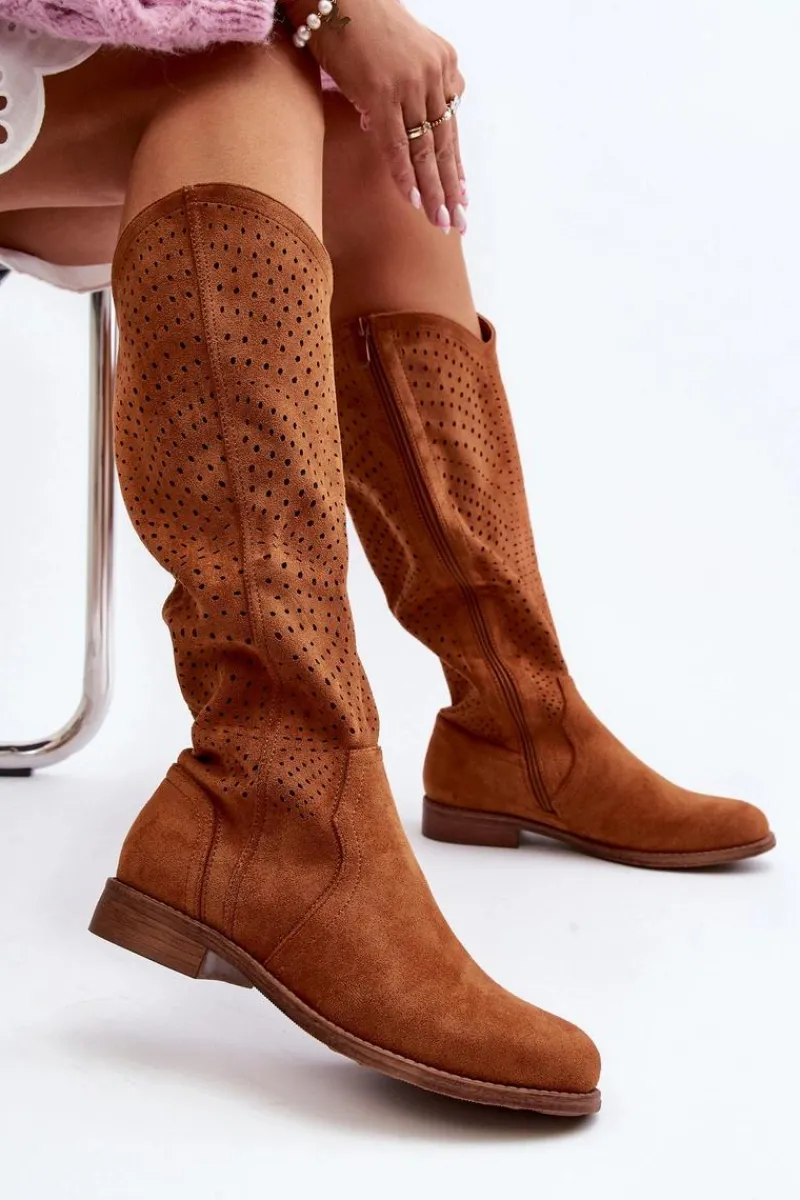 Online S.Barski HY66-150 Ażurowe Kozaki Na Płaskim Obcasie Camel Damskie Kozaki Wiosenne|Kozaki Ażurowe