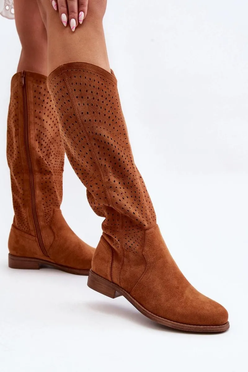 Online S.Barski HY66-150 Ażurowe Kozaki Na Płaskim Obcasie Camel Damskie Kozaki Wiosenne|Kozaki Ażurowe