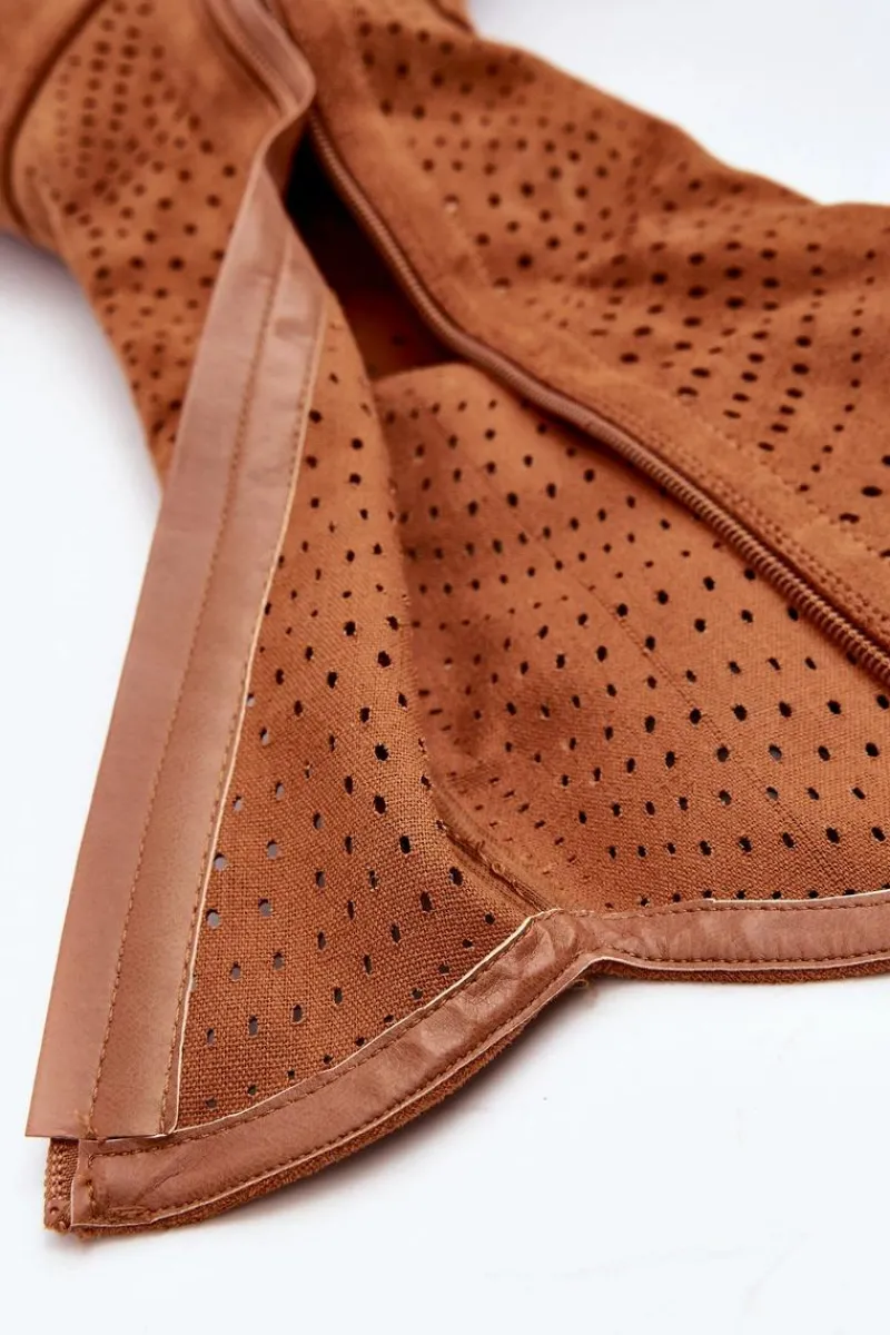 Online S.Barski HY66-150 Ażurowe Kozaki Na Płaskim Obcasie Camel Damskie Kozaki Wiosenne|Kozaki Ażurowe