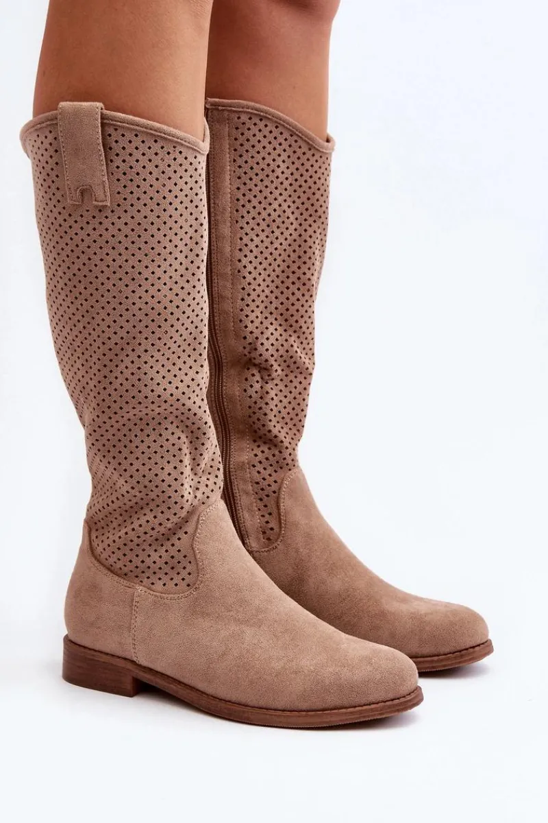 Sale S.Barski HY66-139 Ażurowe Kozaki Damskie Beżowe Damskie Kozaki Wiosenne|Kozaki Ażurowe