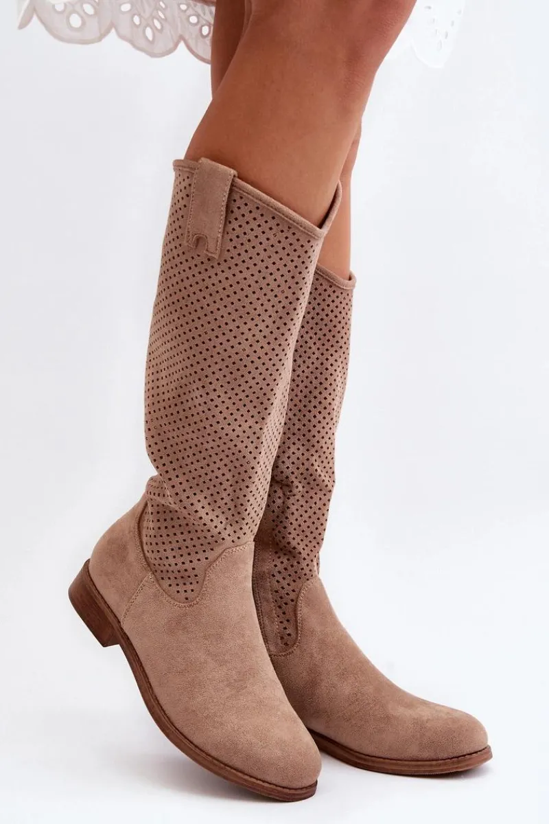 Sale S.Barski HY66-139 Ażurowe Kozaki Damskie Beżowe Damskie Kozaki Wiosenne|Kozaki Ażurowe