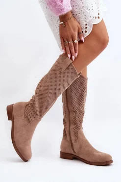 Sale S.Barski HY66-139 Ażurowe Kozaki Damskie Beżowe Damskie Kozaki Wiosenne|Kozaki Ażurowe