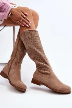 Sale S.Barski HY66-139 Ażurowe Kozaki Damskie Beżowe Damskie Kozaki Wiosenne|Kozaki Ażurowe