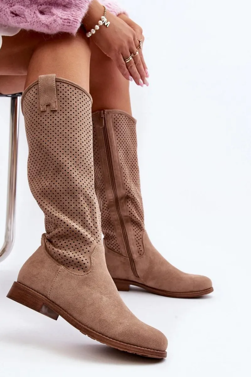 Sale S.Barski HY66-139 Ażurowe Kozaki Damskie Beżowe Damskie Kozaki Wiosenne|Kozaki Ażurowe