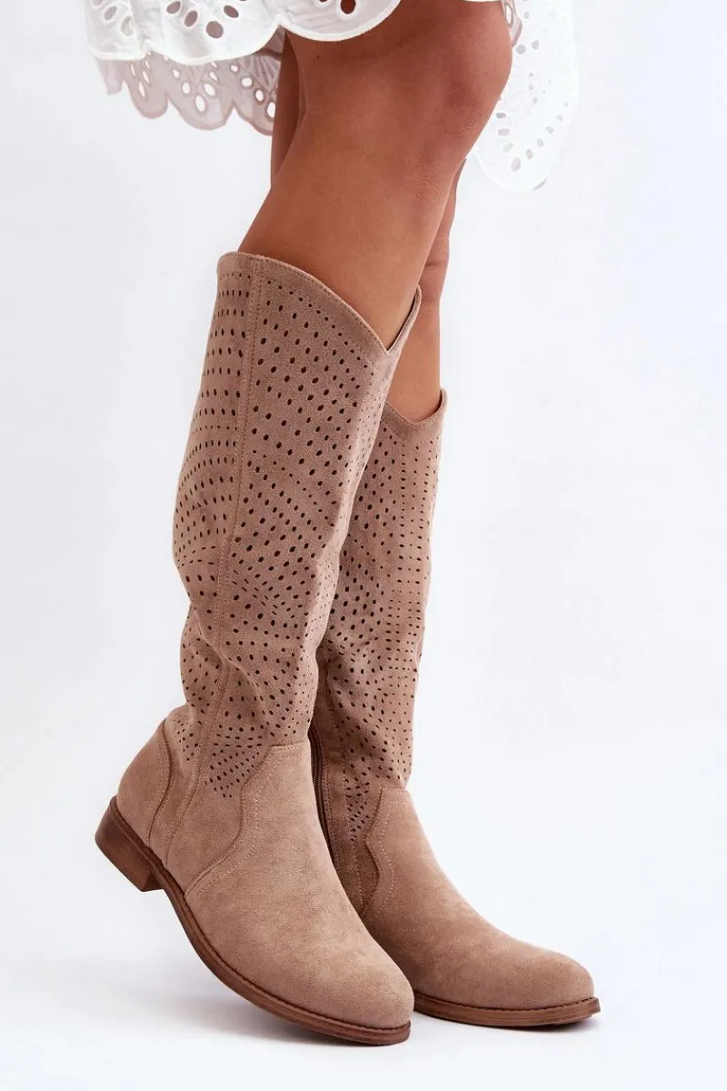 Sale Damskie buty S.Barski S.Barski HY66-150 Ażurowe Kozaki Na Płaskim Obcasie Beżowe