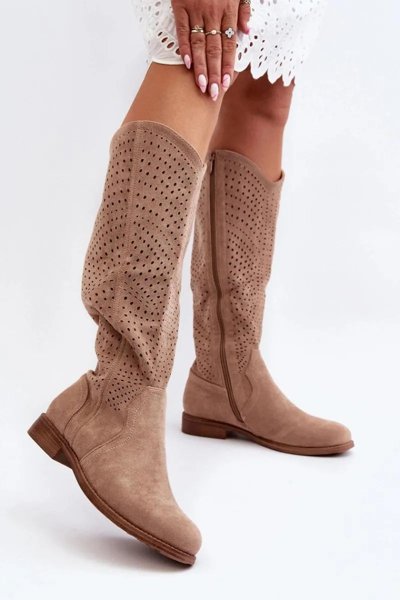 Sale Damskie buty S.Barski S.Barski HY66-150 Ażurowe Kozaki Na Płaskim Obcasie Beżowe