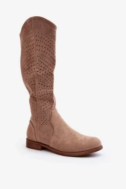 Sale Damskie buty S.Barski S.Barski HY66-150 Ażurowe Kozaki Na Płaskim Obcasie Beżowe