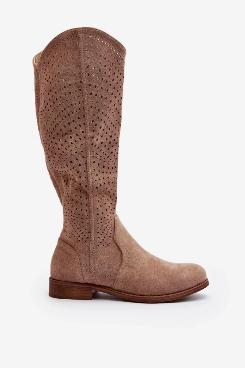 Sale Damskie buty S.Barski S.Barski HY66-150 Ażurowe Kozaki Na Płaskim Obcasie Beżowe