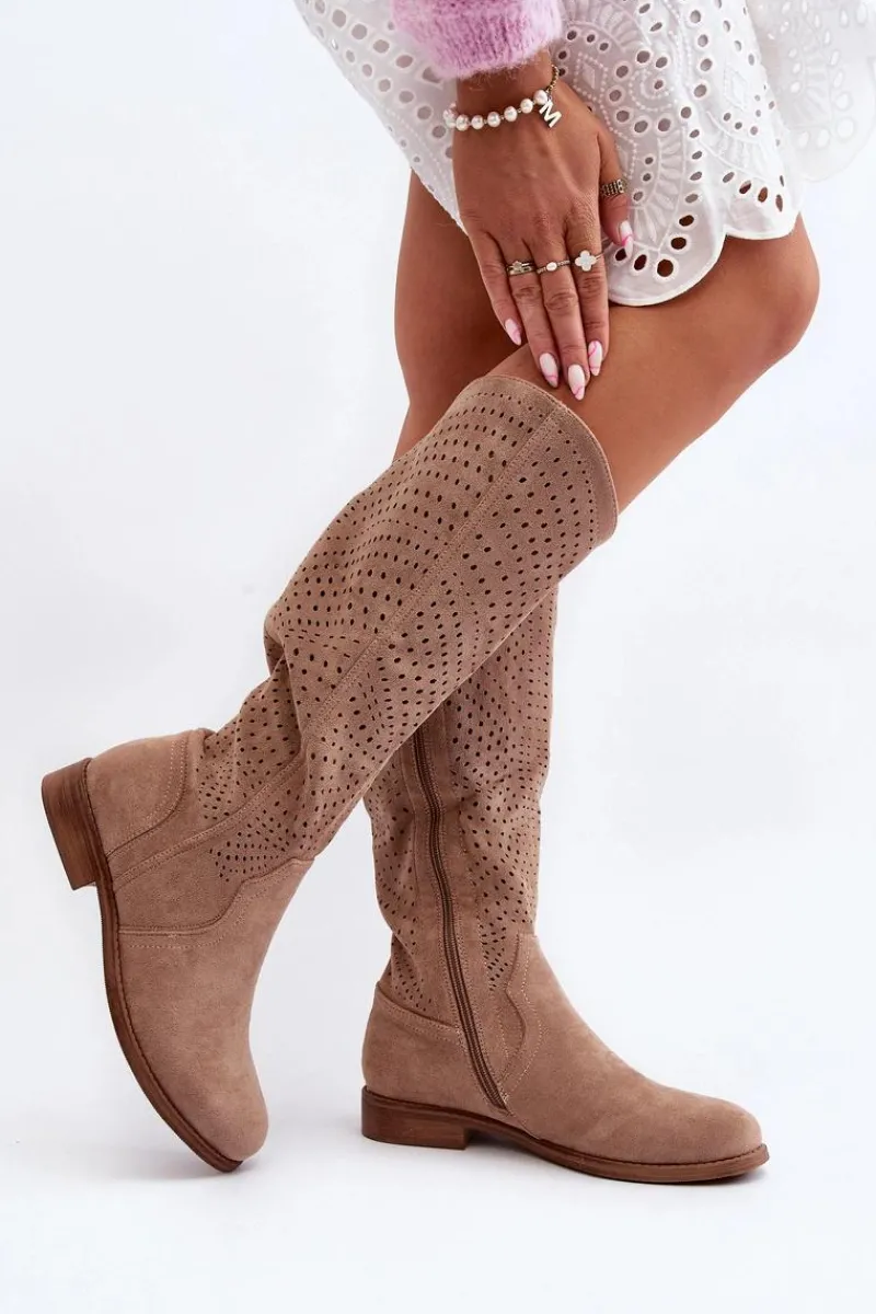 Sale Damskie buty S.Barski S.Barski HY66-150 Ażurowe Kozaki Na Płaskim Obcasie Beżowe