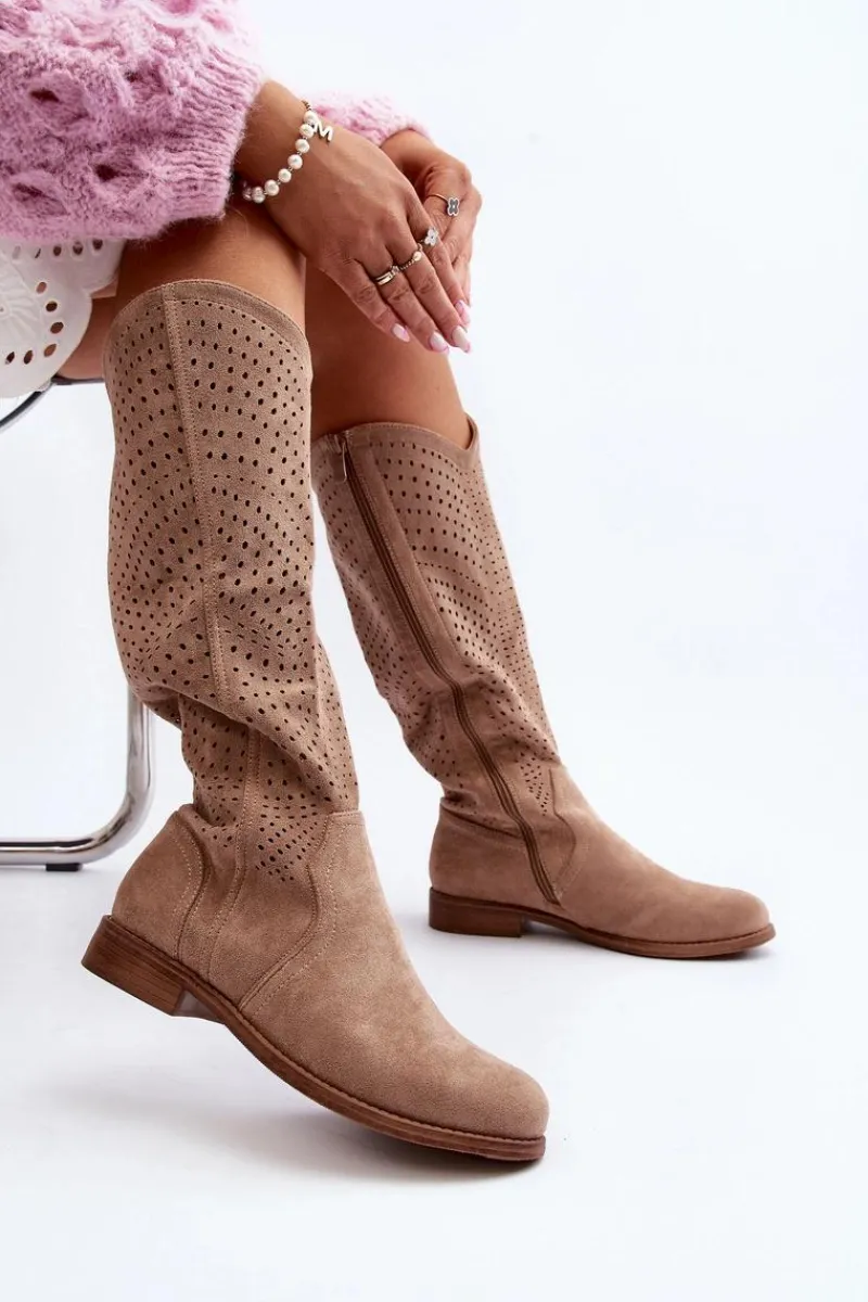 Sale Damskie buty S.Barski S.Barski HY66-150 Ażurowe Kozaki Na Płaskim Obcasie Beżowe