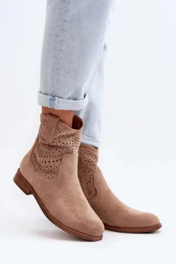 Botki Wiosenne|Botki Ażurowe>Damskie buty S.Barski S.Barski HY66-135 Damskie Ażurowe Botki Na Płaskim Obcasie Beżowe