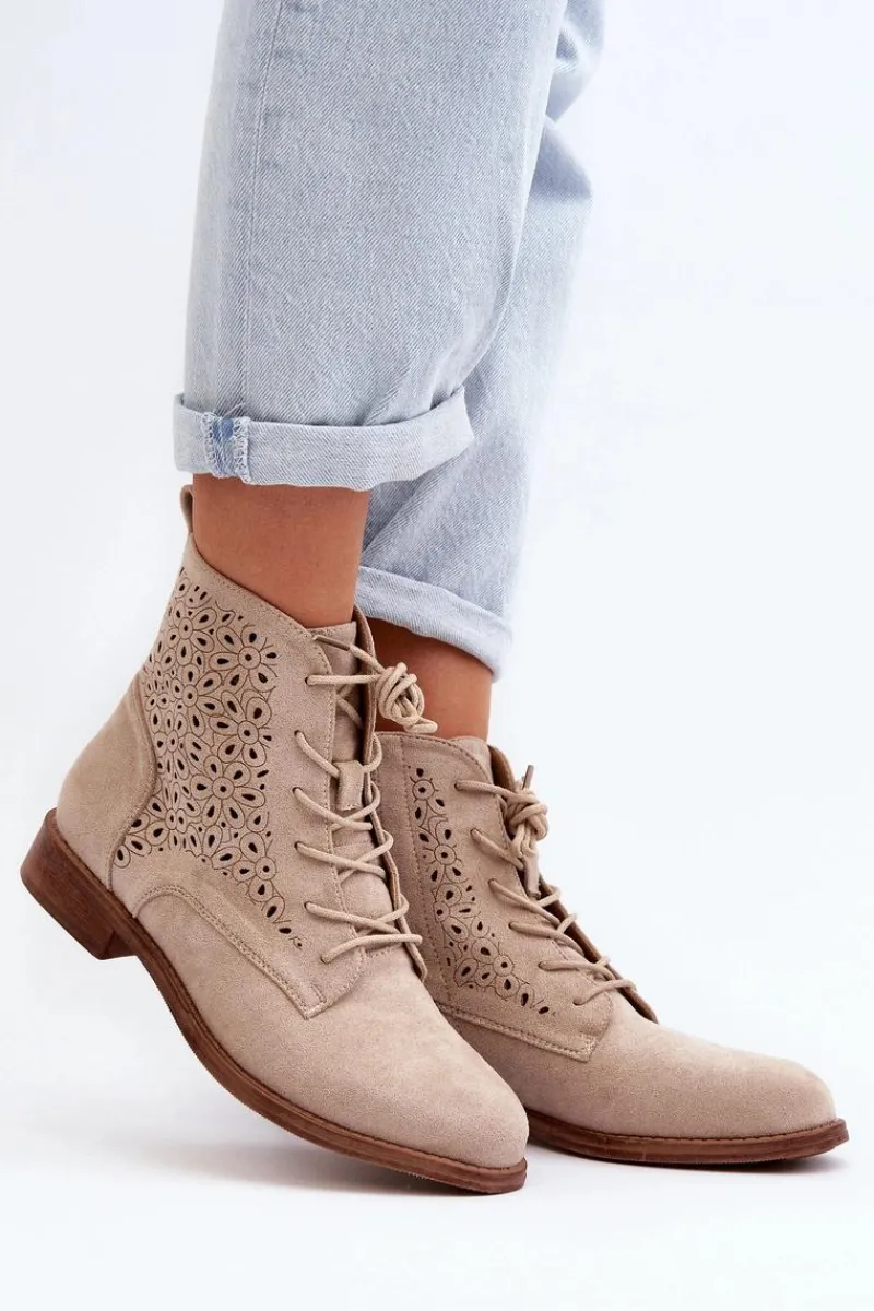 Best S.Barski HY66-136 Damskie Botki Ze Wzorem Jasnobeżowe Damskie Botki Wiosenne|Botki Ażurowe