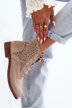 Best S.Barski HY66-136 Damskie Botki Ze Wzorem Jasnobeżowe Damskie Botki Wiosenne|Botki Ażurowe