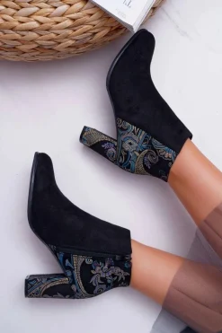 Buty Sergio Leone Sergio Leone Czarne Botki Na Słupku Kwiaty Folk Eros