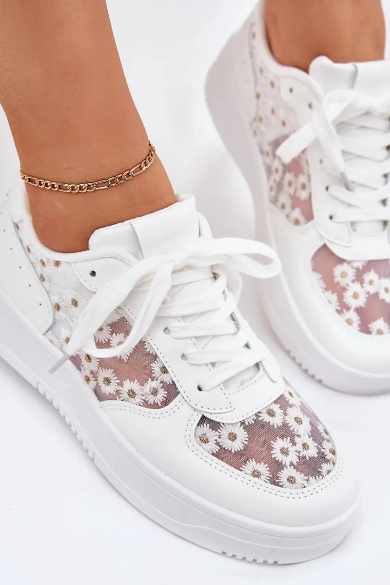 Sneakersy Damskie>Boto Siateczkowe Sneakersy Damskie Stokrotki Białe Jenithra