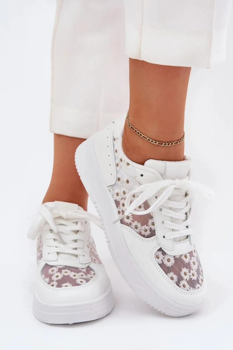 Sneakersy Damskie>Boto Siateczkowe Sneakersy Damskie Stokrotki Białe Jenithra