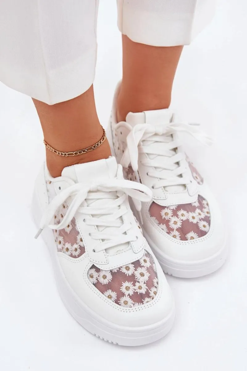 Sneakersy Damskie>Boto Siateczkowe Sneakersy Damskie Stokrotki Białe Jenithra