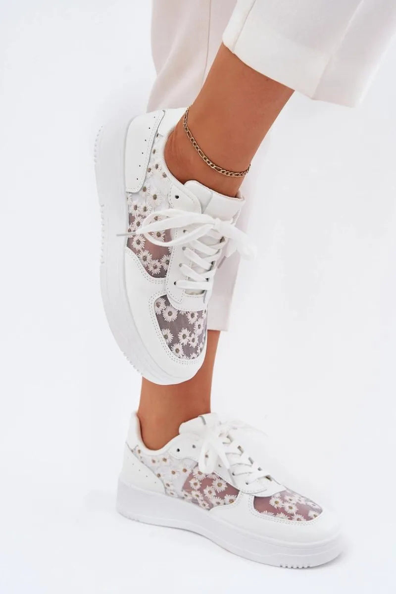 Sneakersy Damskie>Boto Siateczkowe Sneakersy Damskie Stokrotki Białe Jenithra