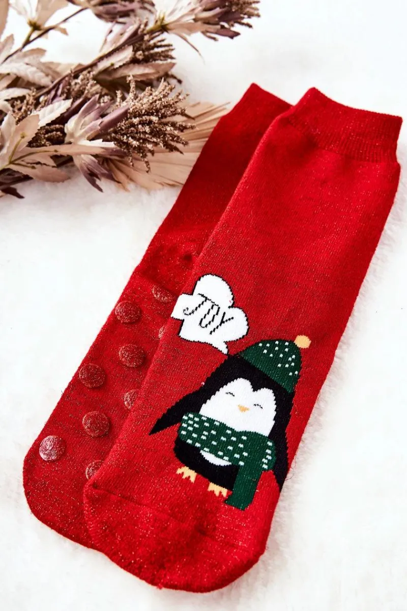 Skarpetki|Skarpetki>Aura.via Skarpetki Antypoślizgowe Błyszczące Pingwin Czerwone