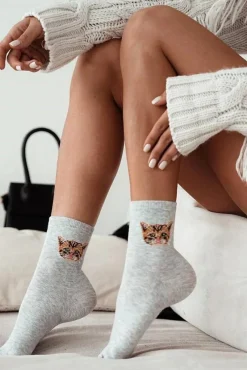 Clearance Skarpetki Damskie Bawełniane Z Kotkiem Szare Skarpetki|Skarpetki