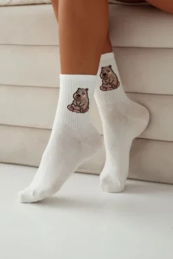 Skarpetki|Skarpetki>Milena Skarpetki Damskie Bawełniane Siedząca Kapibara Ecru Biały