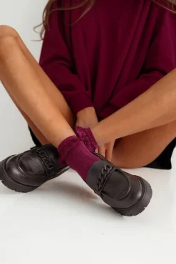 Outlet Milena Skarpetki Damskie Bawełniane Z Koronką Bordowe Czerwony