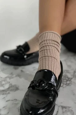 Discount Skarpetki Damskie Bezuciskowe W Prążek z Lurexem Beżowe Skarpetki|Skarpetki