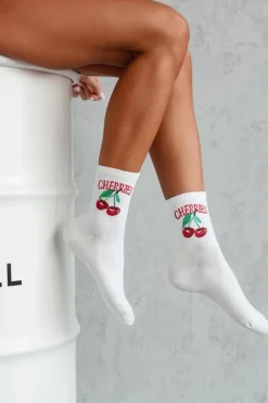 New Skarpetki Damskie CHERRIES Białe Skarpetki|Skarpetki